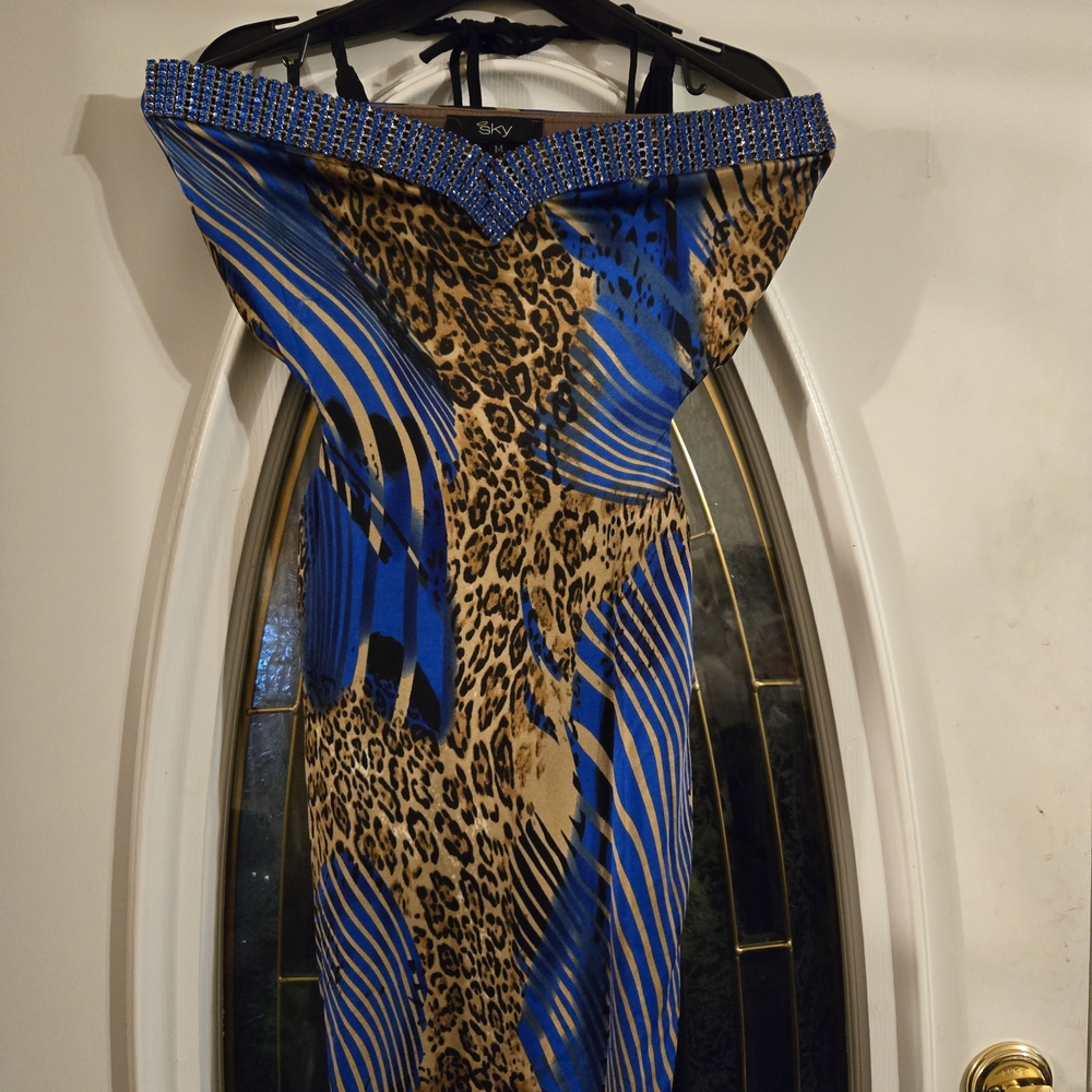 Blue and Leopard Print Off-Shoulder Dress